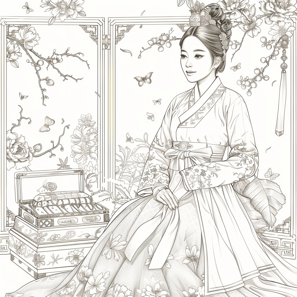 Blossoms of Grace – Elegant Hanbok Lady in a Serene Spring Pavilion