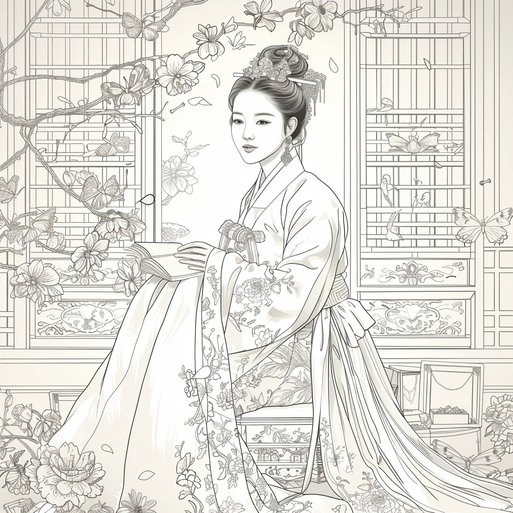 Blossoms of Grace – Elegant Hanbok Lady in a Serene Spring Pavilion