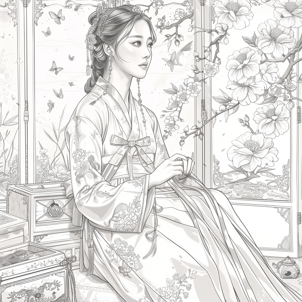 Blossoms of Grace – Elegant Hanbok Lady in a Serene Spring Pavilion