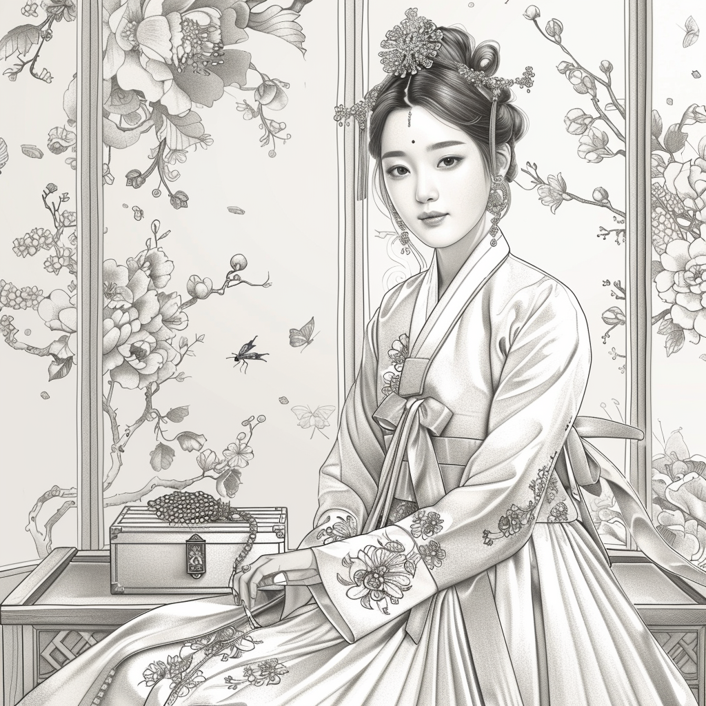 Blossoms of Grace – Elegant Hanbok Lady in a Serene Spring Pavilion