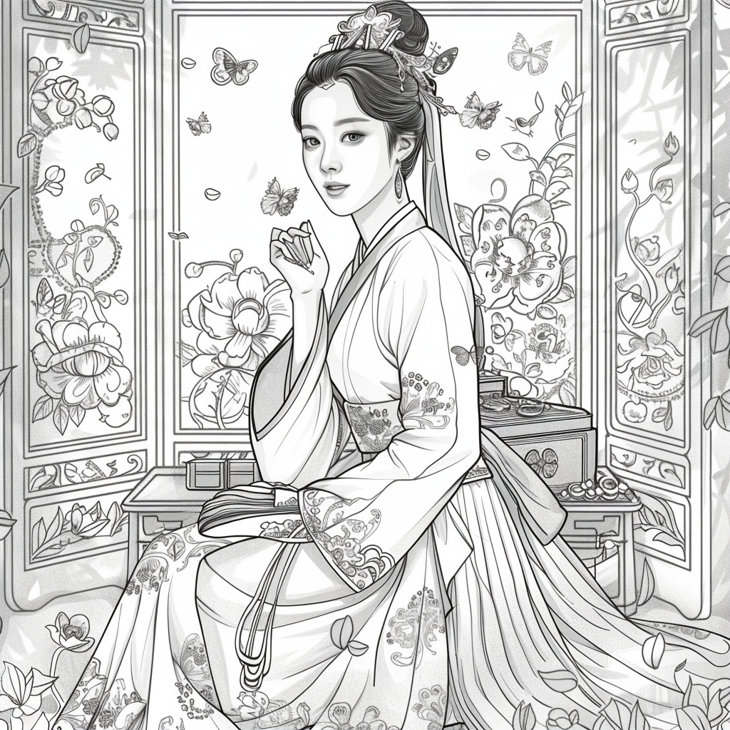 Blossoms of Grace – Elegant Hanbok Lady in a Serene Spring Pavilion