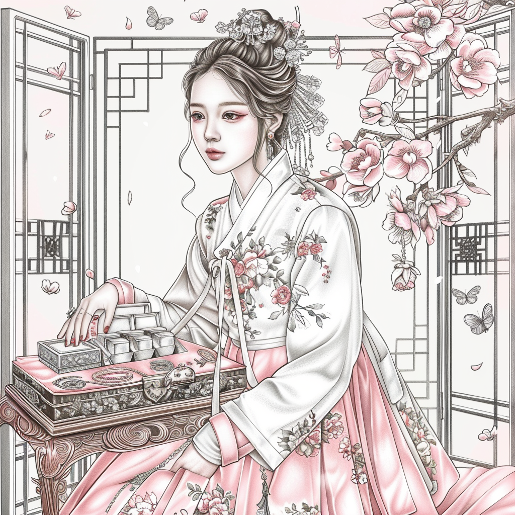 Blossoms of Grace – Elegant Hanbok Lady in a Serene Spring Pavilion