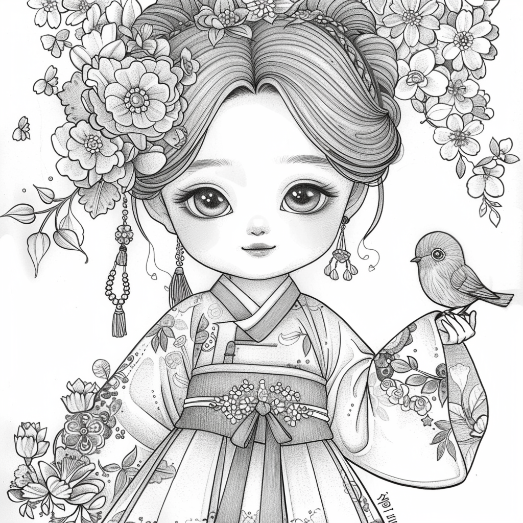 The Little Spring Blossom – Hanbok Girl with a Bird