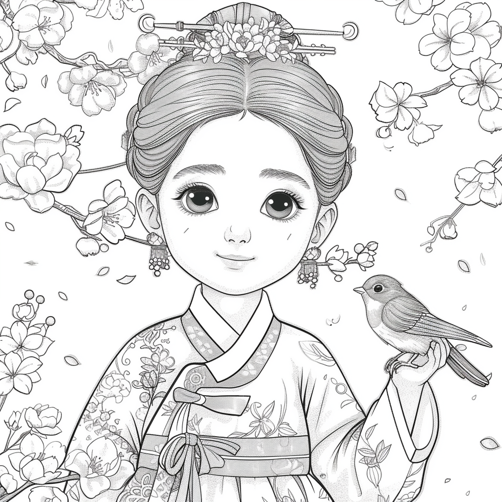 The Little Spring Blossom – Hanbok Girl with a Bird