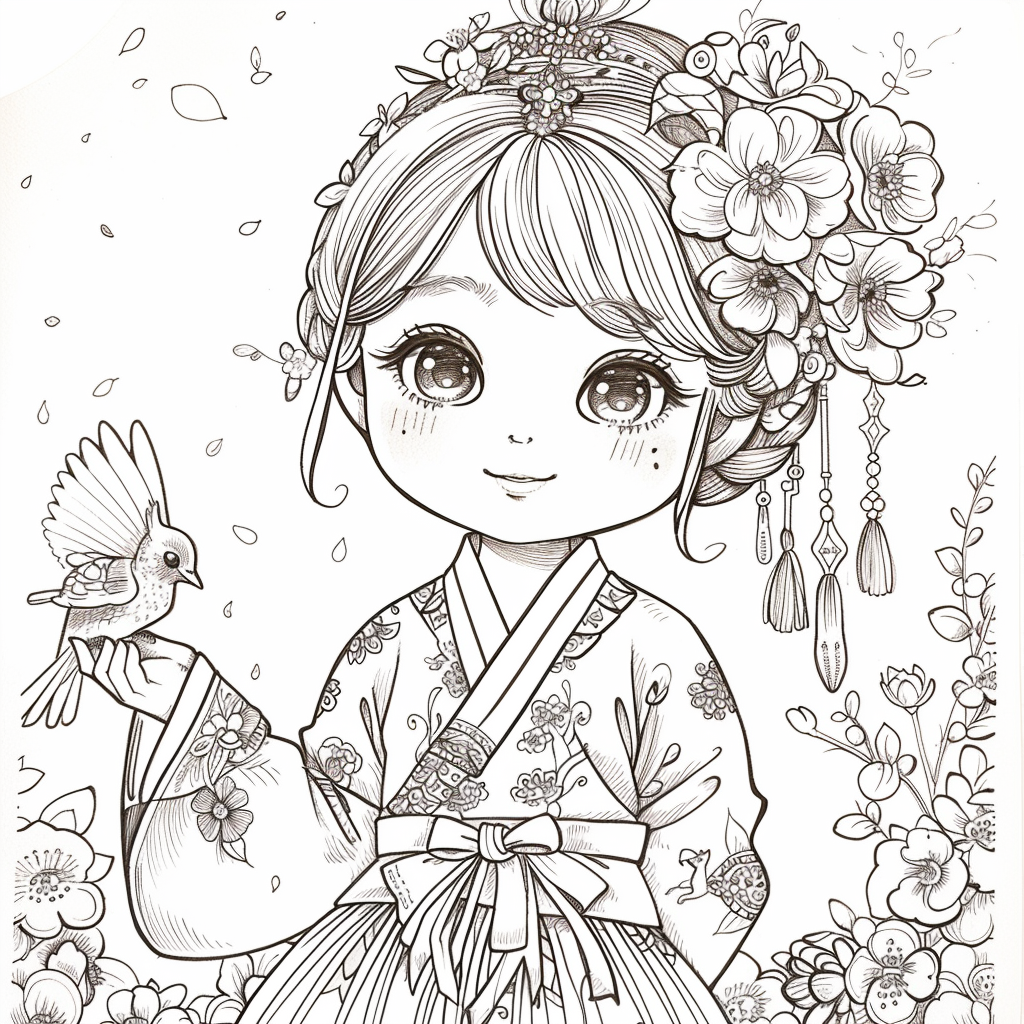 The Little Spring Blossom – Hanbok Girl with a Bird