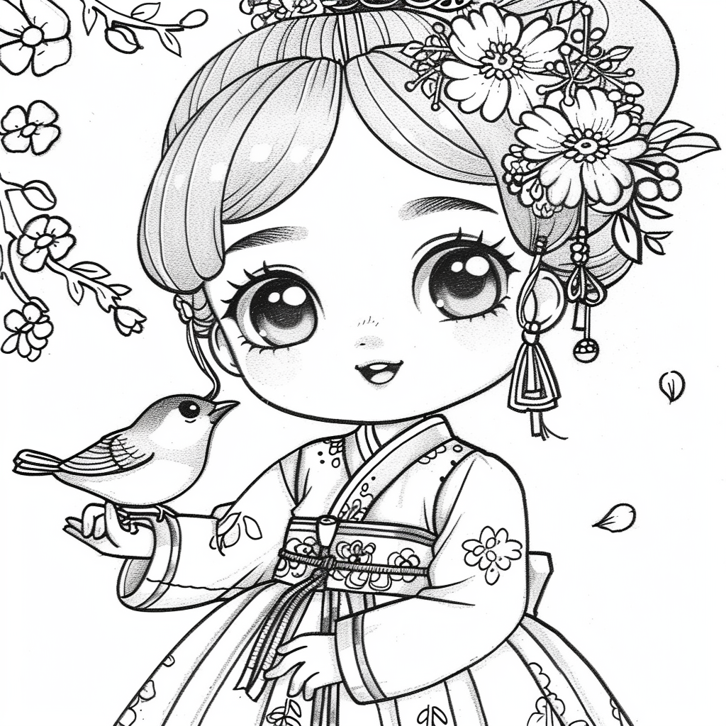 The Little Spring Blossom – Hanbok Girl with a Bird