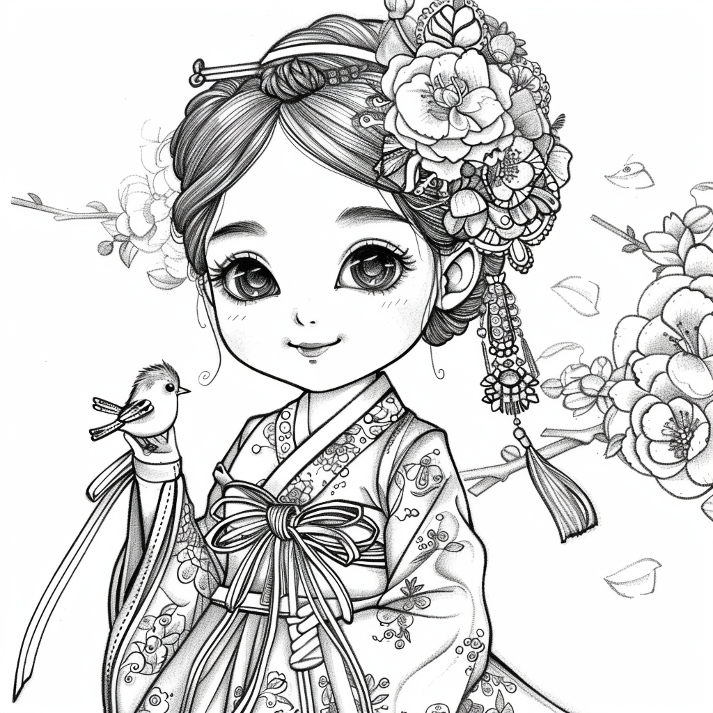 The Little Spring Blossom – Hanbok Girl with a Bird
