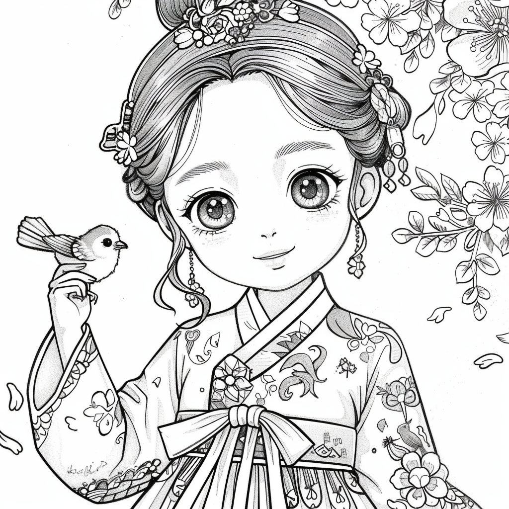 The Little Spring Blossom – Hanbok Girl with a Bird