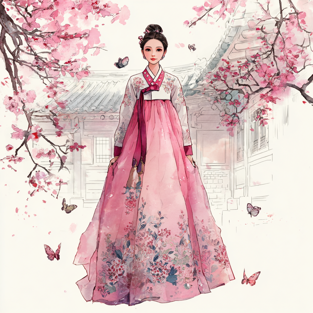 Blossom Hanbok Princess in a Korean Courtyard