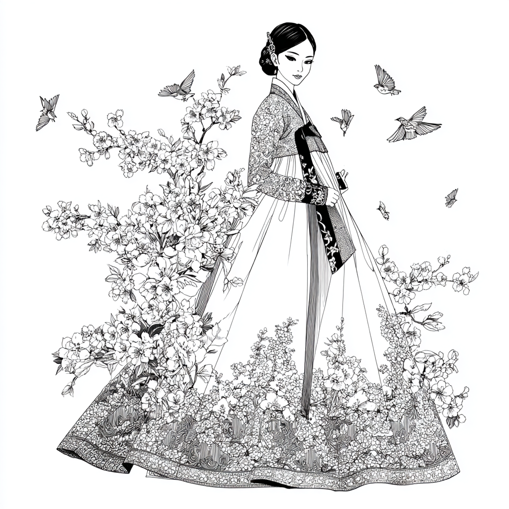 Blossom Hanbok Princess in a Korean Courtyard