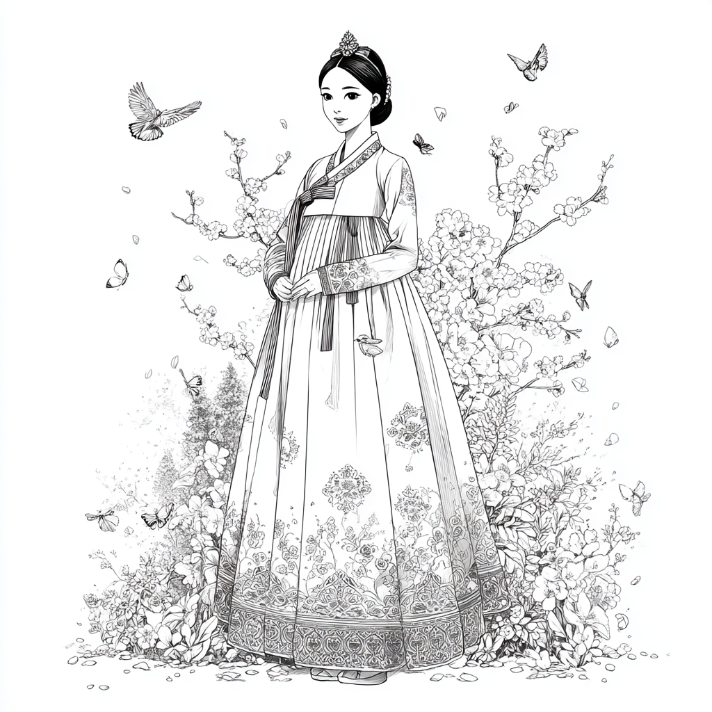 Blossom Hanbok Princess in a Korean Courtyard