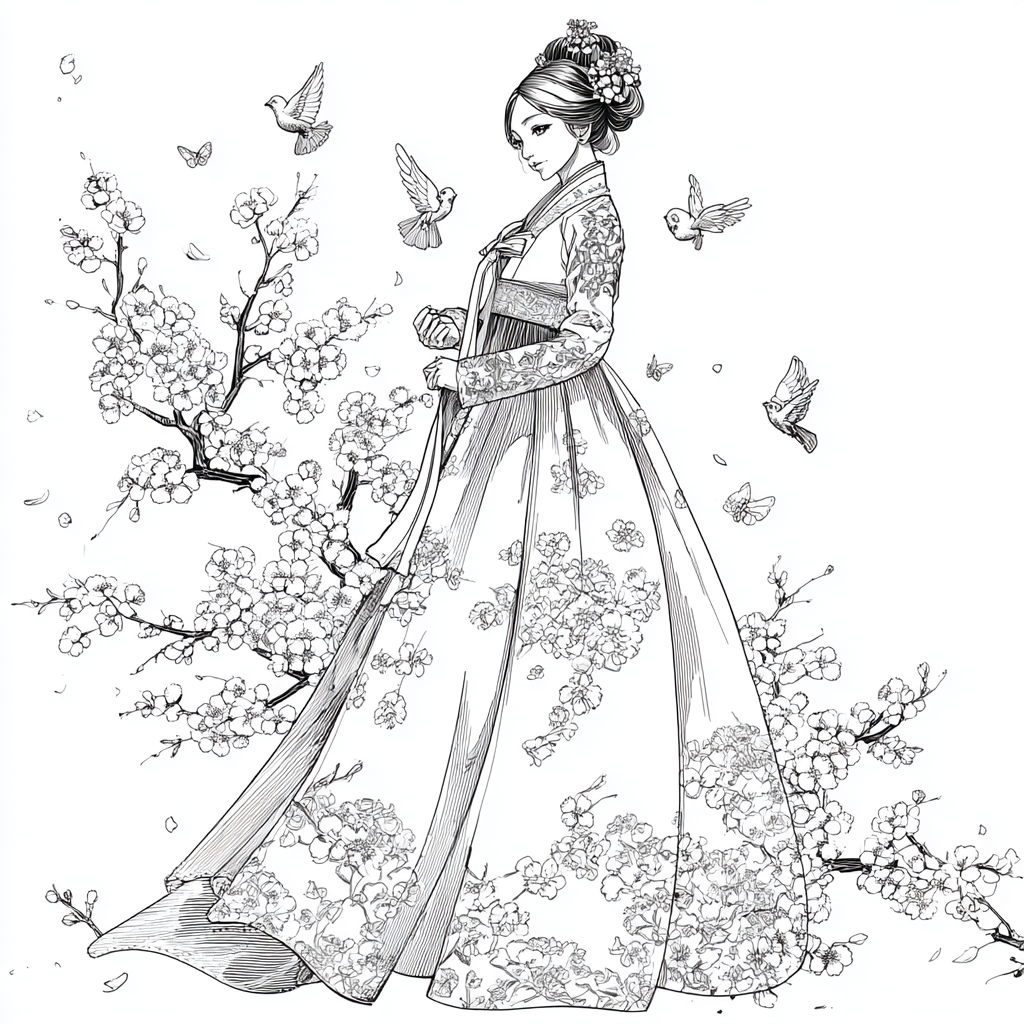 Blossom Hanbok Princess in a Korean Courtyard