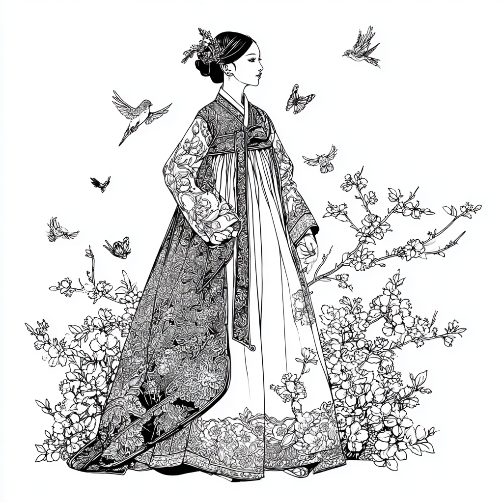 Blossom Hanbok Princess in a Korean Courtyard
