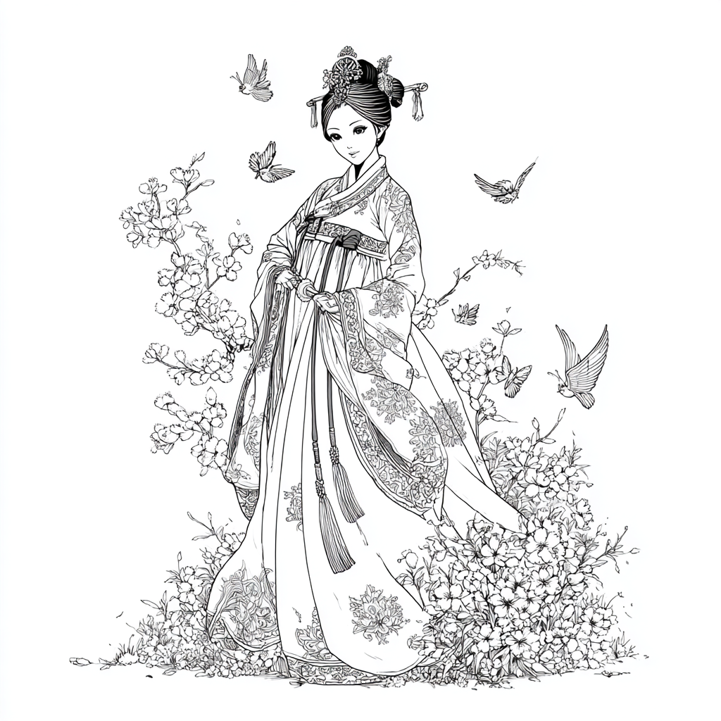 Blossom Hanbok Princess in a Korean Courtyard
