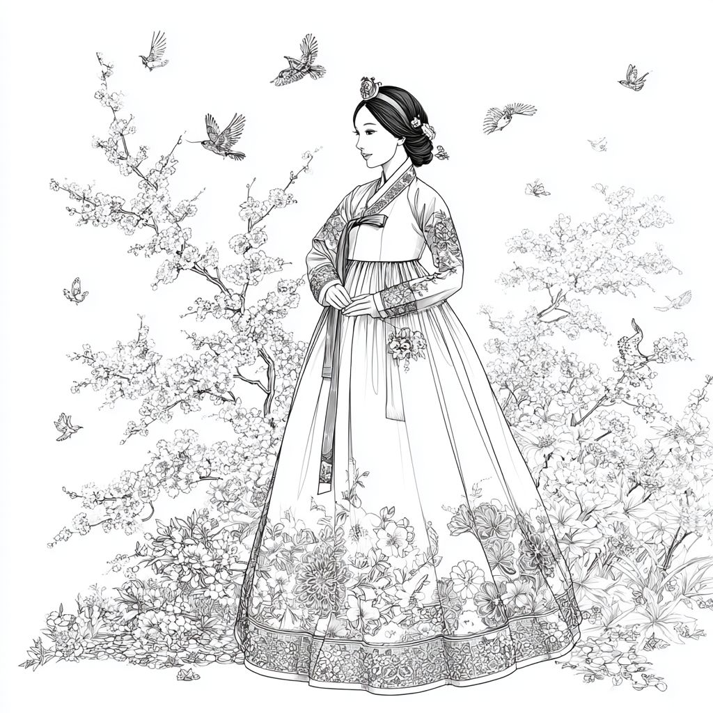 Blossom Hanbok Princess in a Korean Courtyard