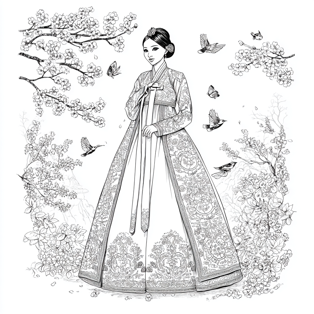 Blossom Hanbok Princess in a Korean Courtyard