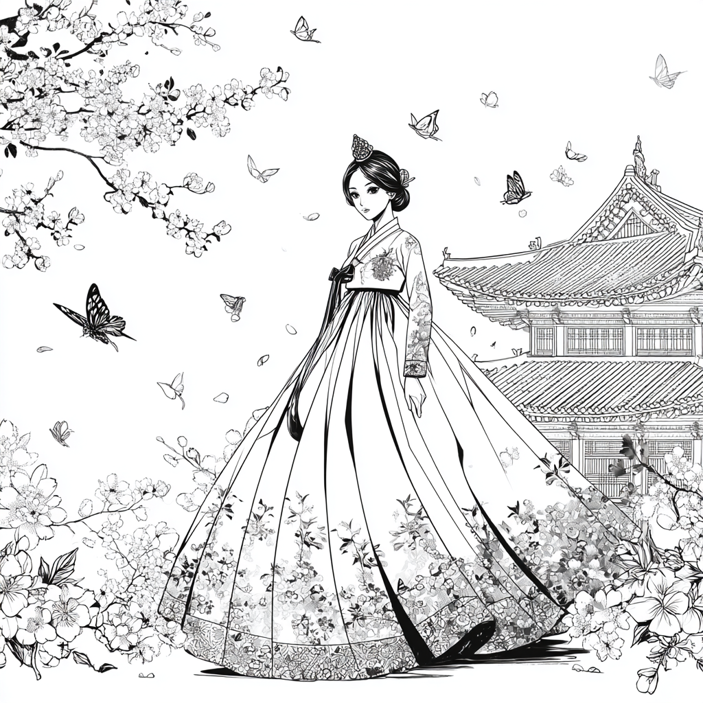 Blossom Hanbok Princess in a Korean Courtyard