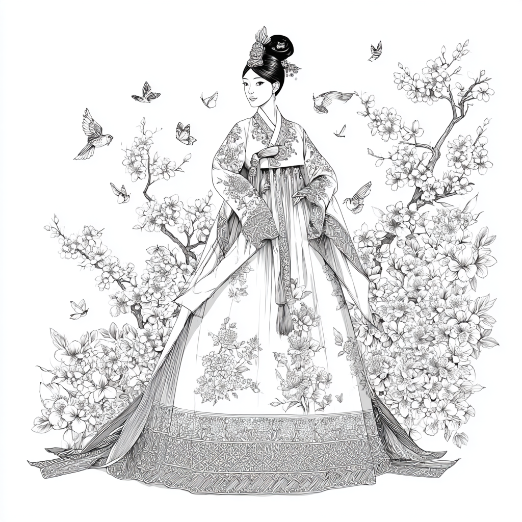 Blossom Hanbok Princess in a Korean Courtyard