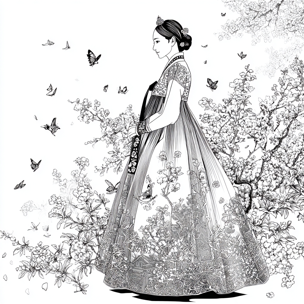 Blossom Hanbok Princess in a Korean Courtyard