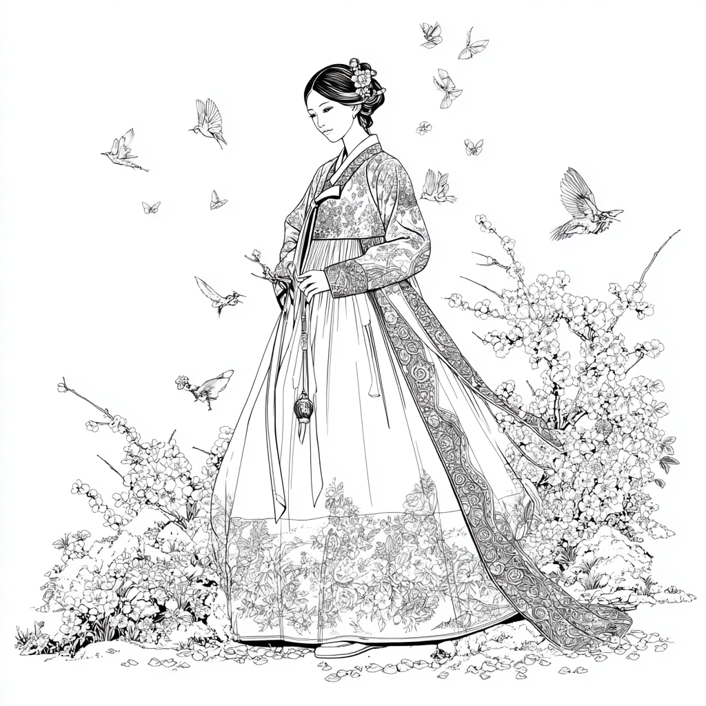 Blossom Hanbok Princess in a Korean Courtyard