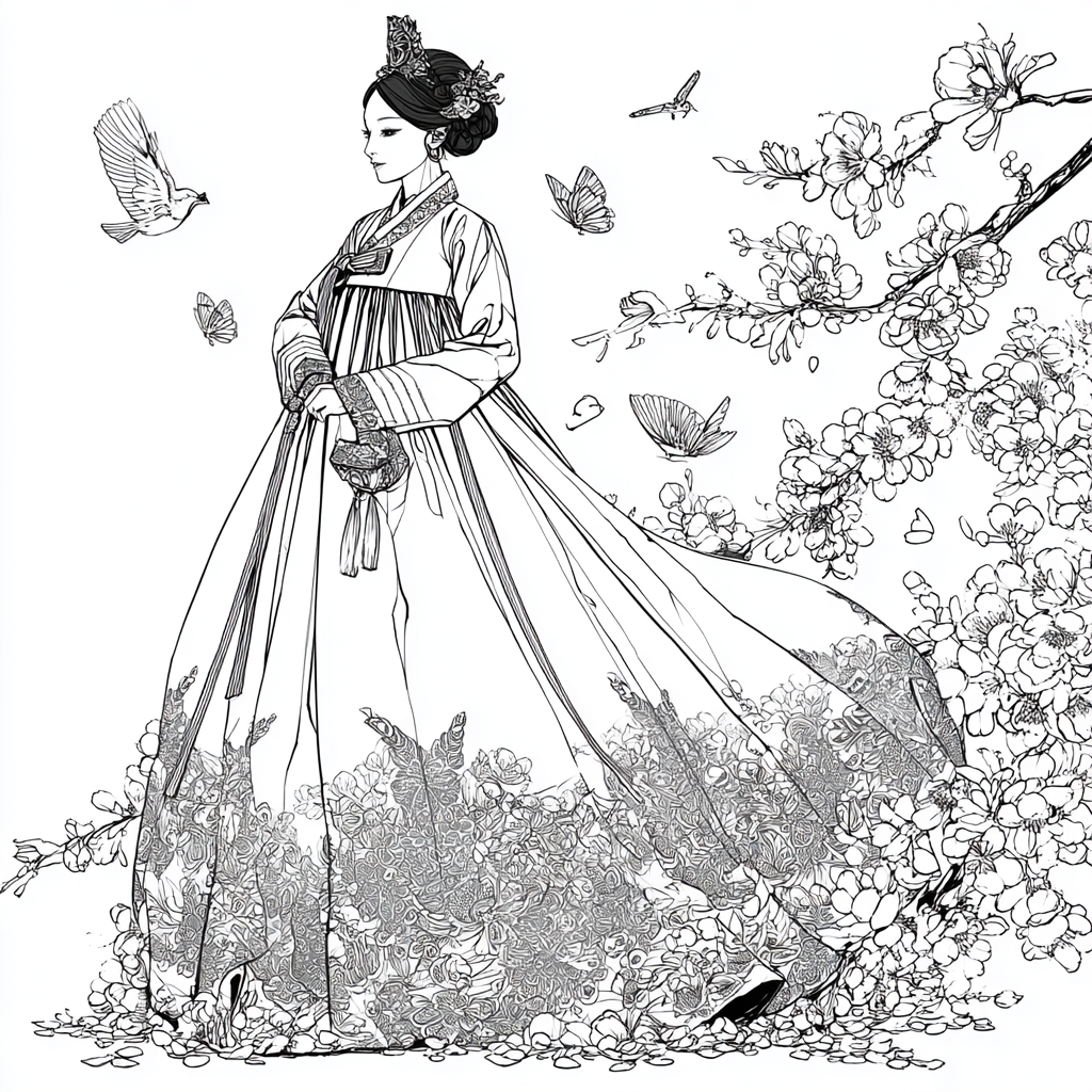 Blossom Hanbok Princess in a Korean Courtyard