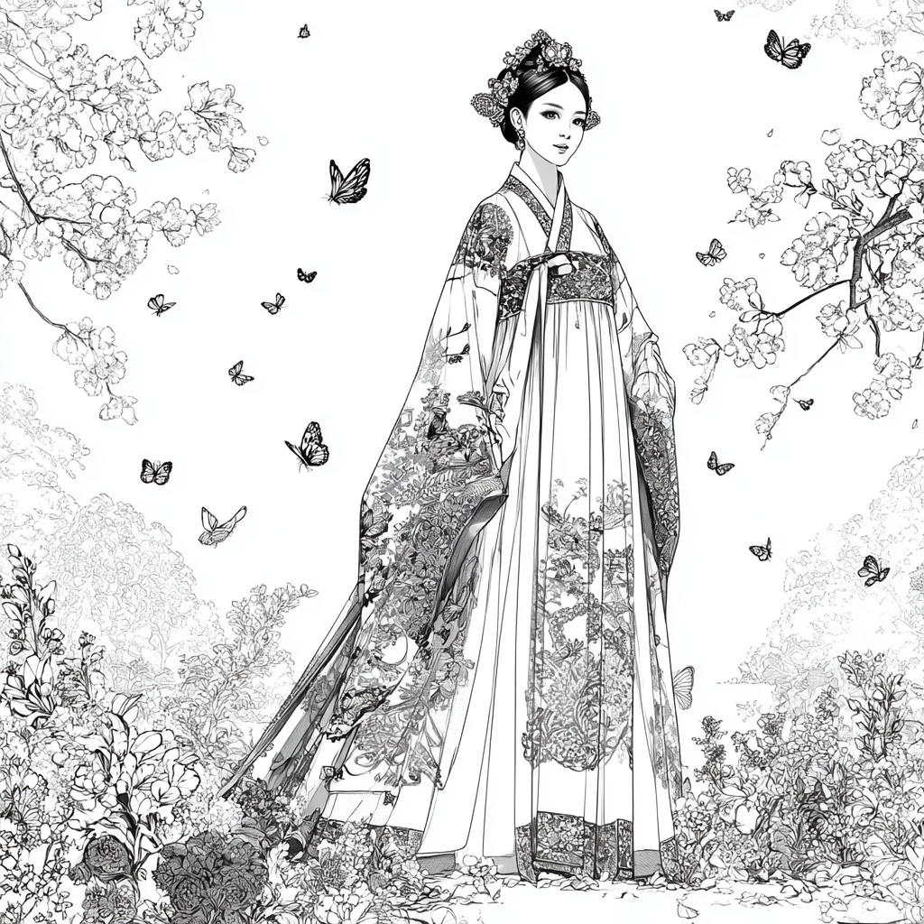 Blossom Hanbok Princess in a Korean Courtyard