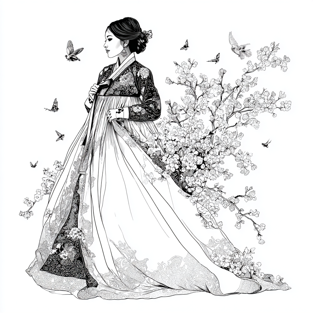 Blossom Hanbok Princess in a Korean Courtyard
