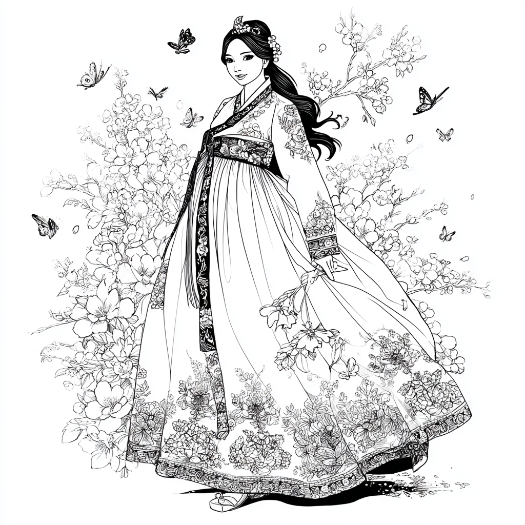 Blossom Hanbok Princess in a Korean Courtyard