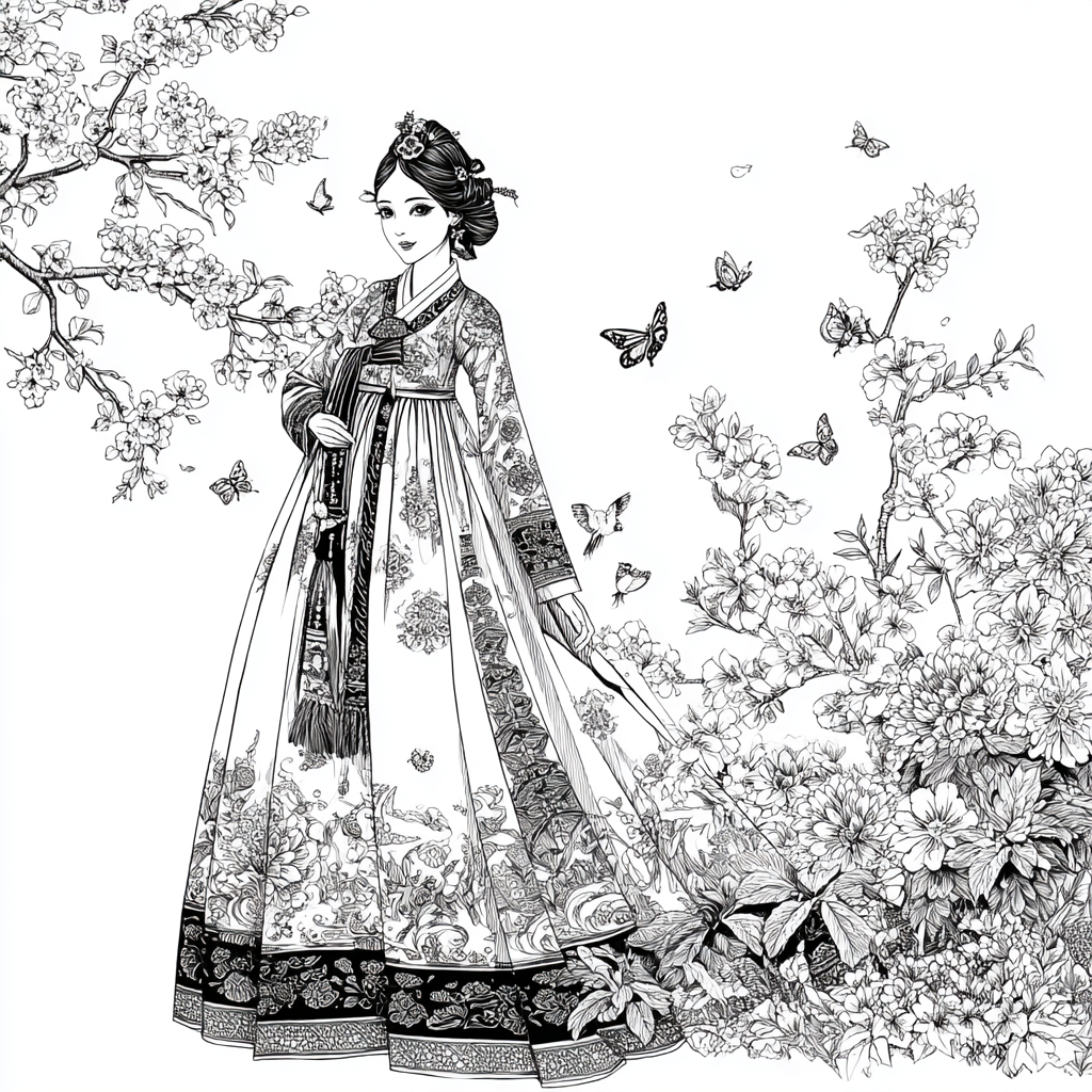 Blossom Hanbok Princess in a Korean Courtyard