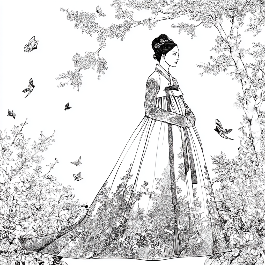 Blossom Hanbok Princess in a Korean Courtyard