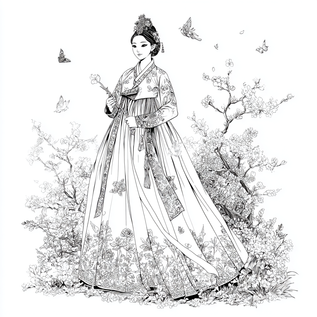 Blossom Hanbok Princess in a Korean Courtyard
