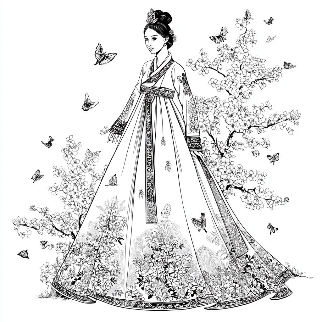 Blossom Hanbok Princess in a Korean Courtyard