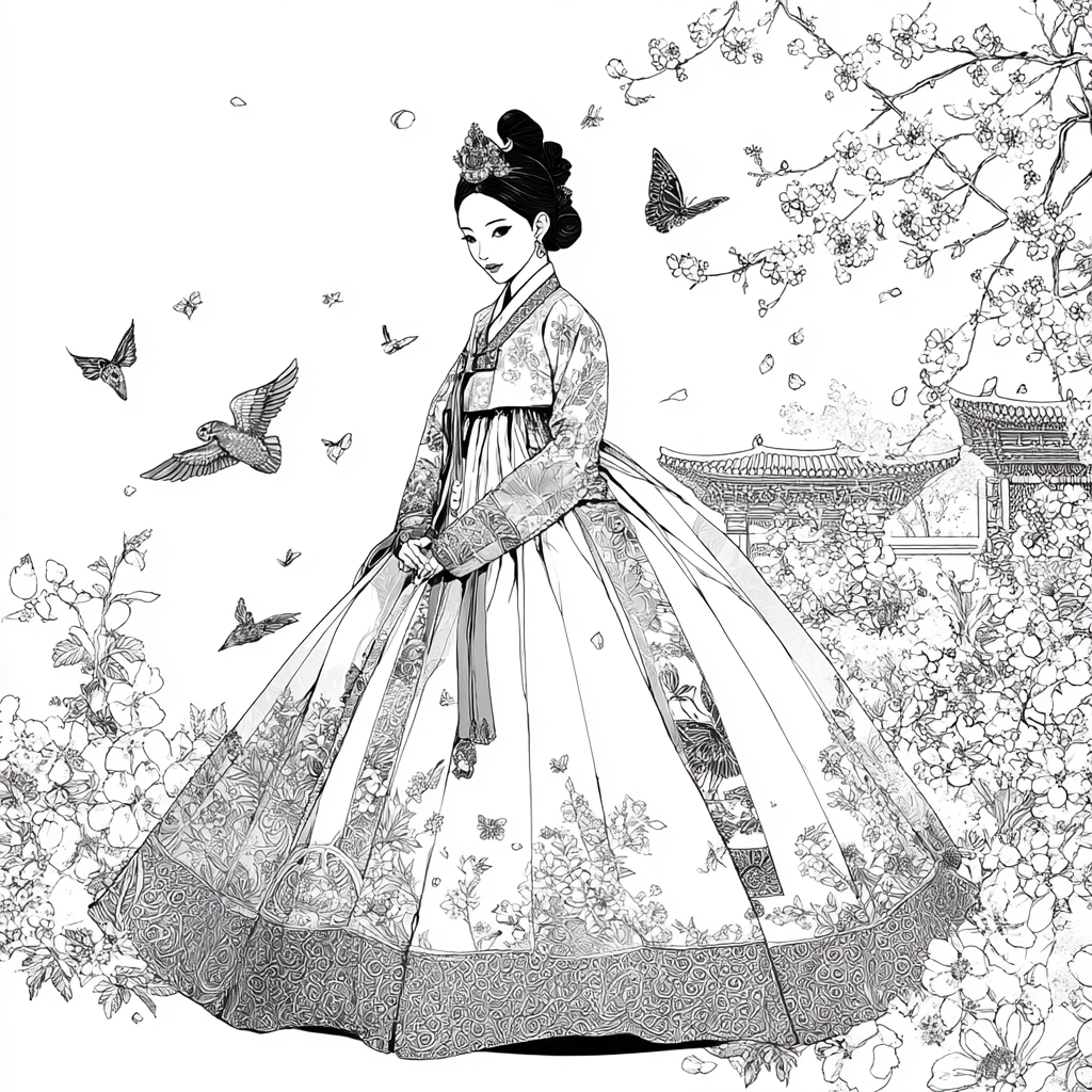Blossom Hanbok Princess in a Korean Courtyard