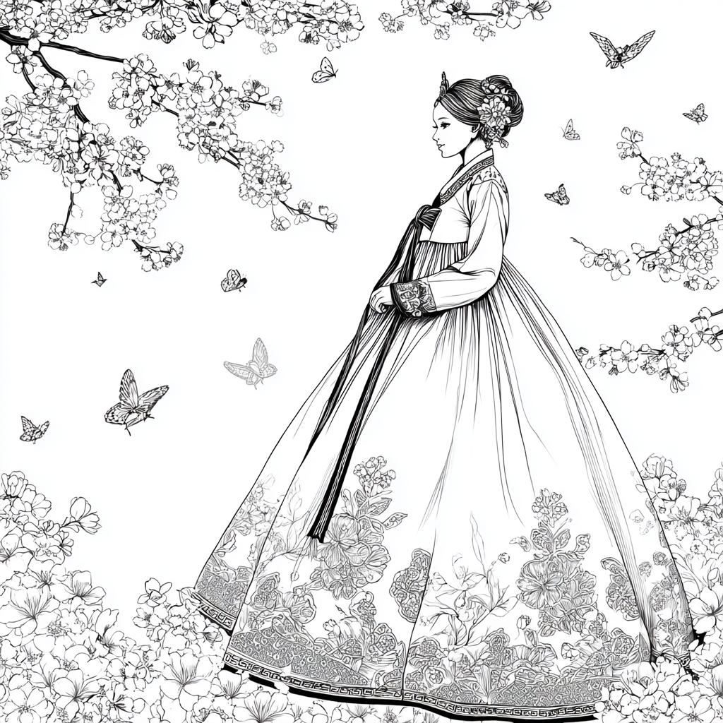 Blossom Hanbok Princess in a Korean Courtyard