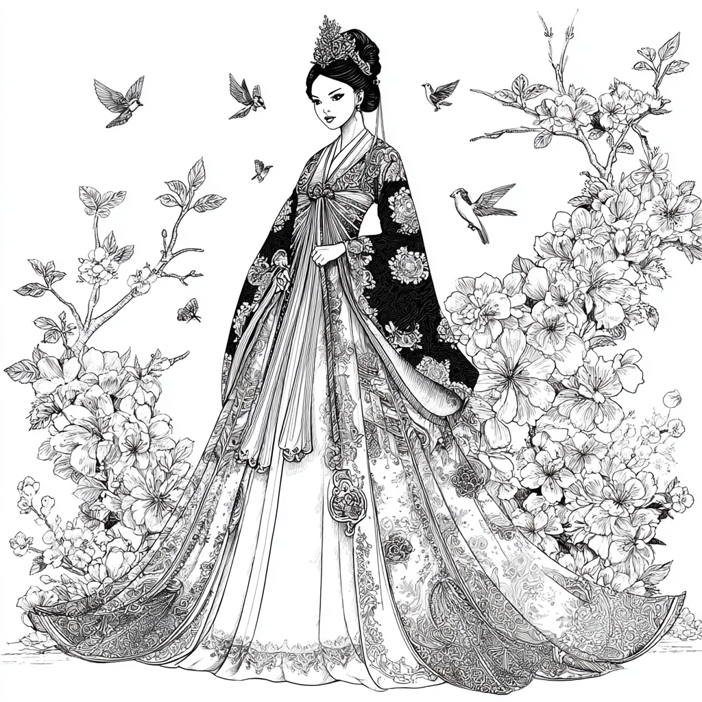 Blossom Hanbok Princess in a Korean Courtyard