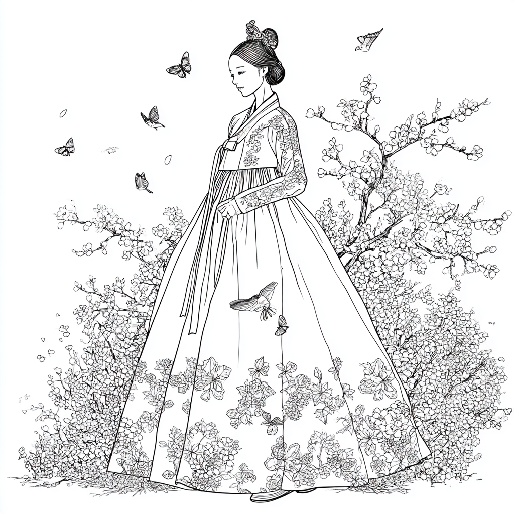 Blossom Hanbok Princess in a Korean Courtyard