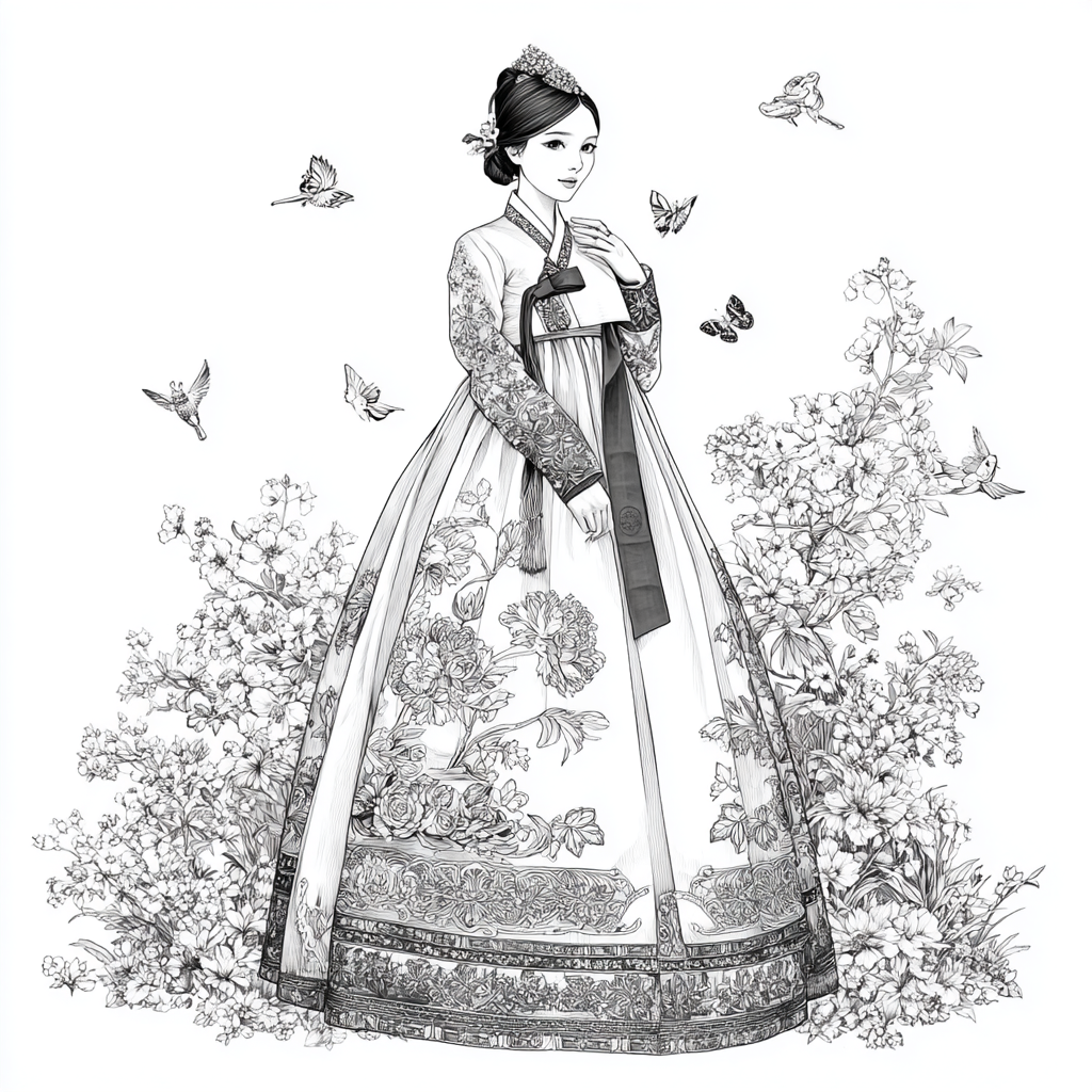 Blossom Hanbok Princess in a Korean Courtyard