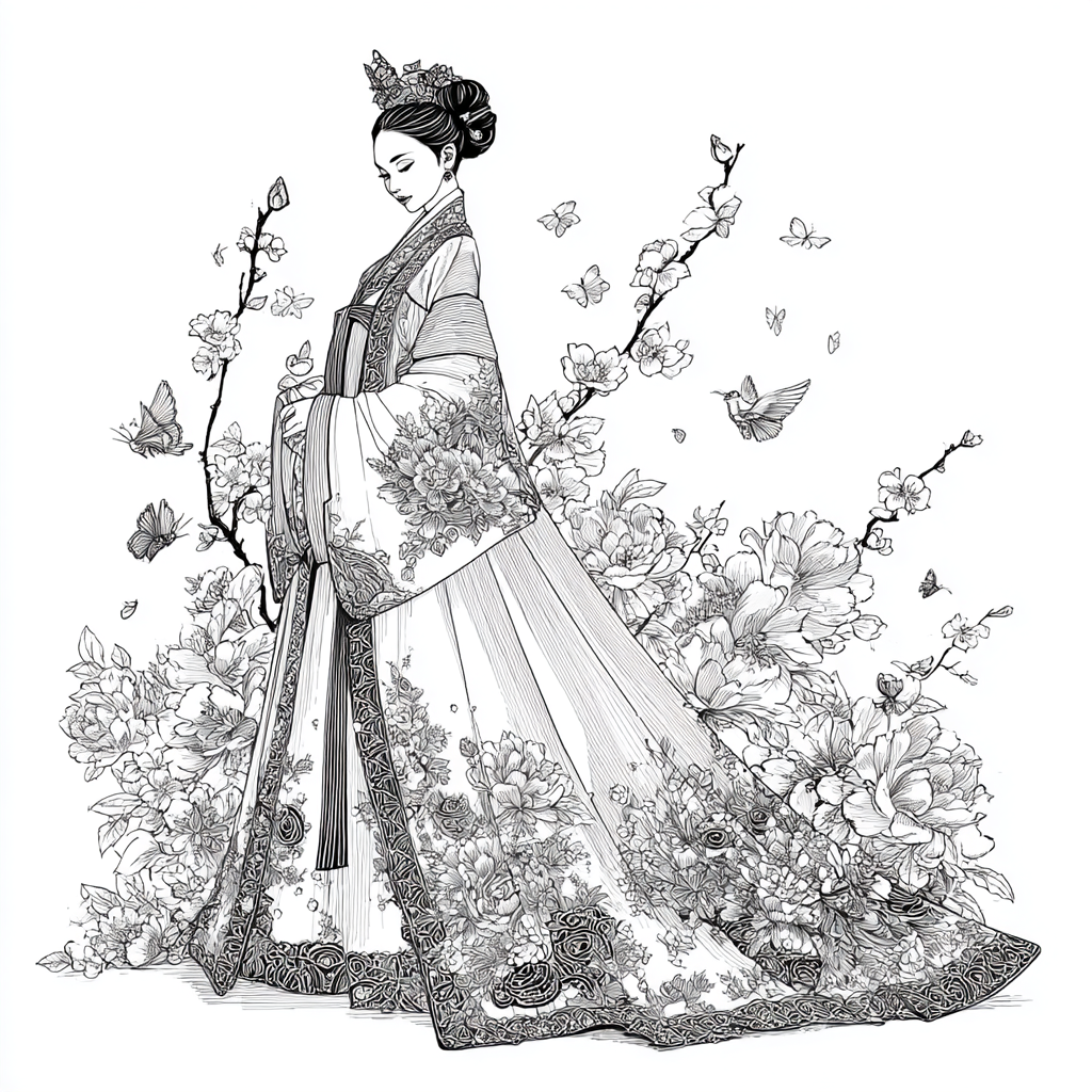 Blossom Hanbok Princess in a Korean Courtyard