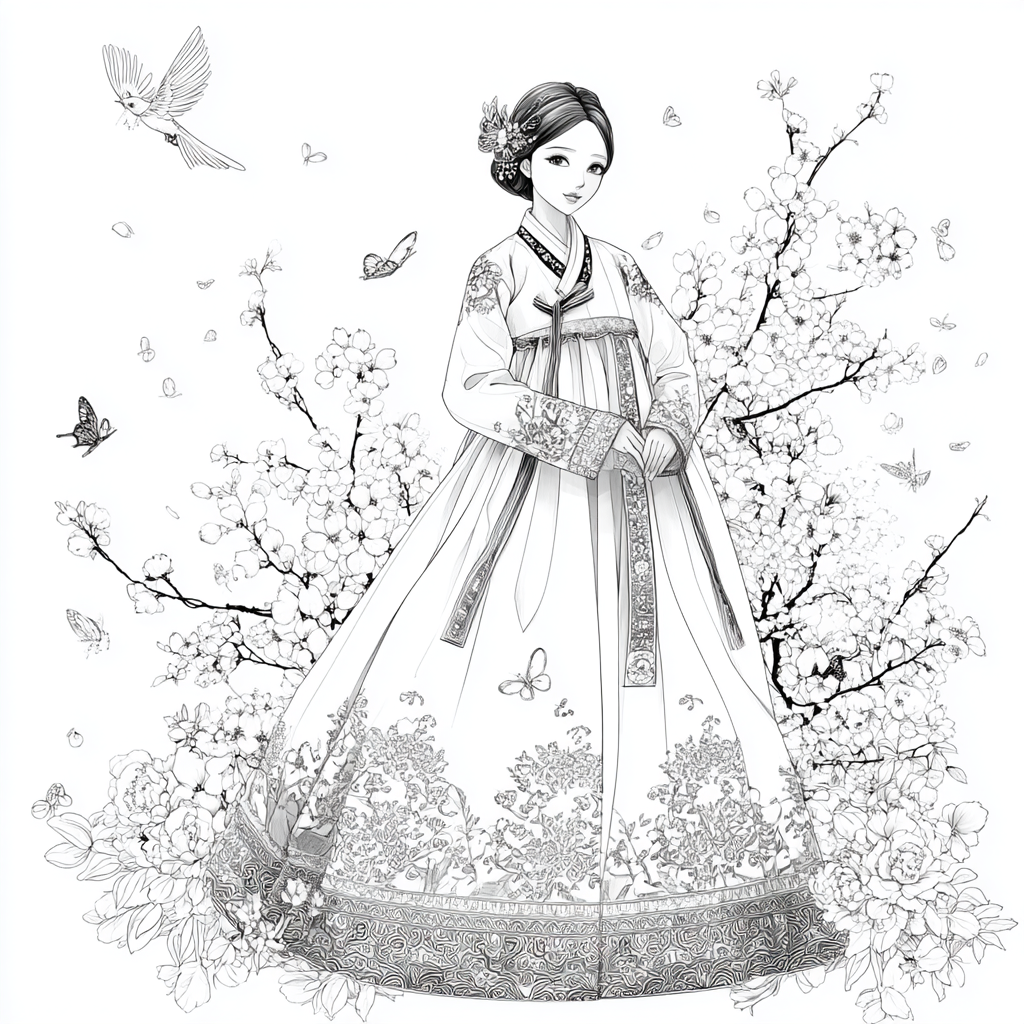 Blossom Hanbok Princess in a Korean Courtyard