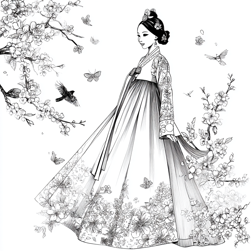 Blossom Hanbok Princess in a Korean Courtyard