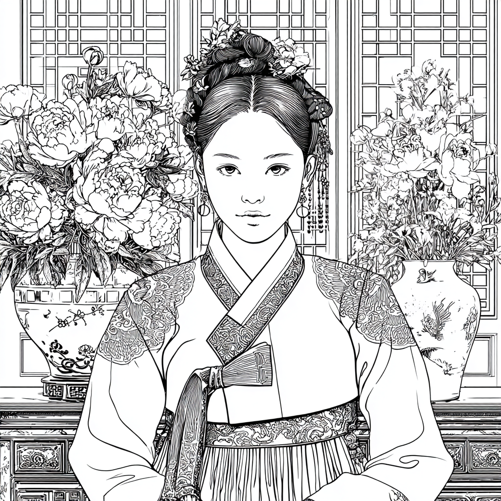 Graceful Joseon Hanbok Portrait with Pink Peonies