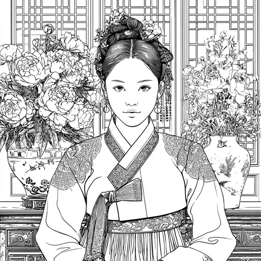 Graceful Joseon Hanbok Portrait with Pink Peonies