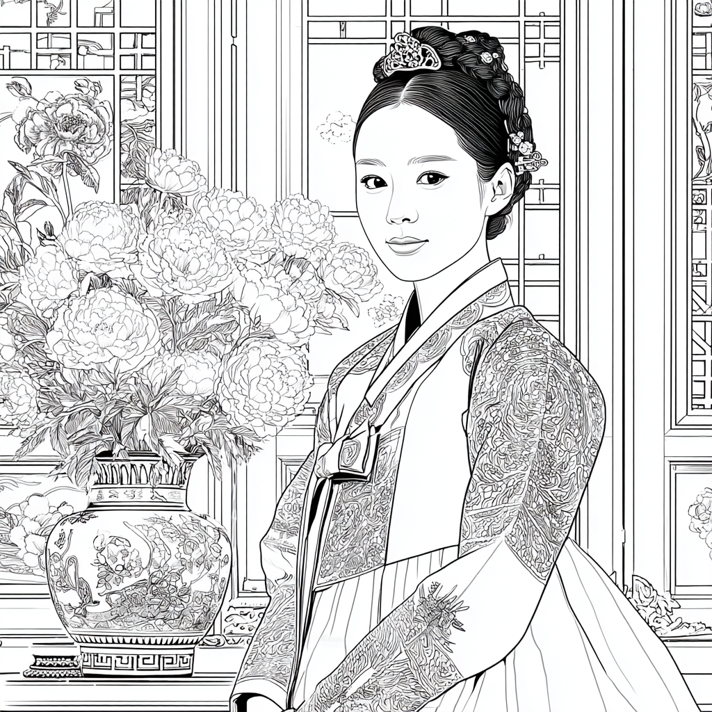 Graceful Joseon Hanbok Portrait with Pink Peonies