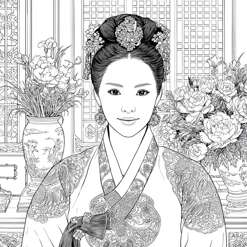 Graceful Joseon Hanbok Portrait with Pink Peonies