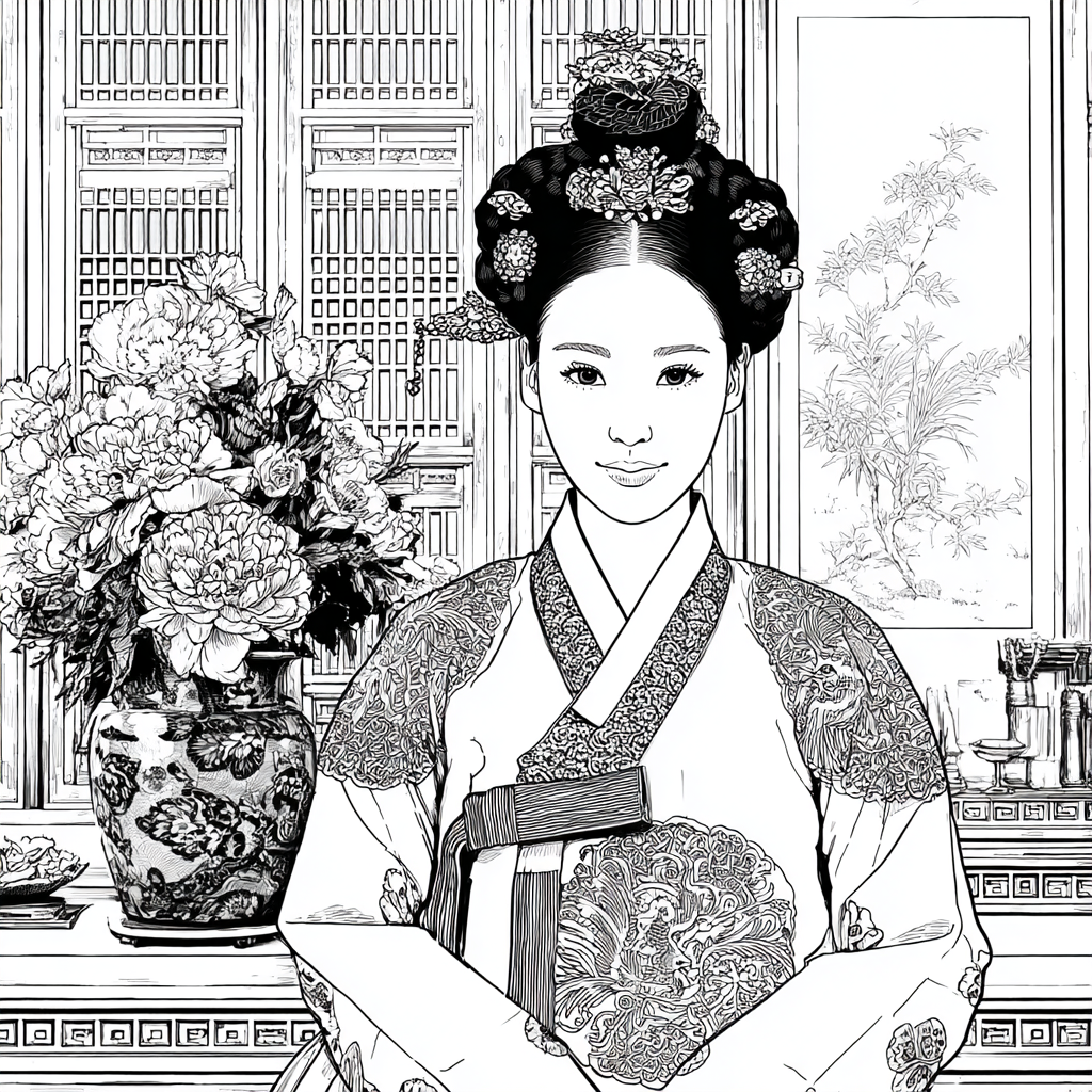 Graceful Joseon Hanbok Portrait with Pink Peonies