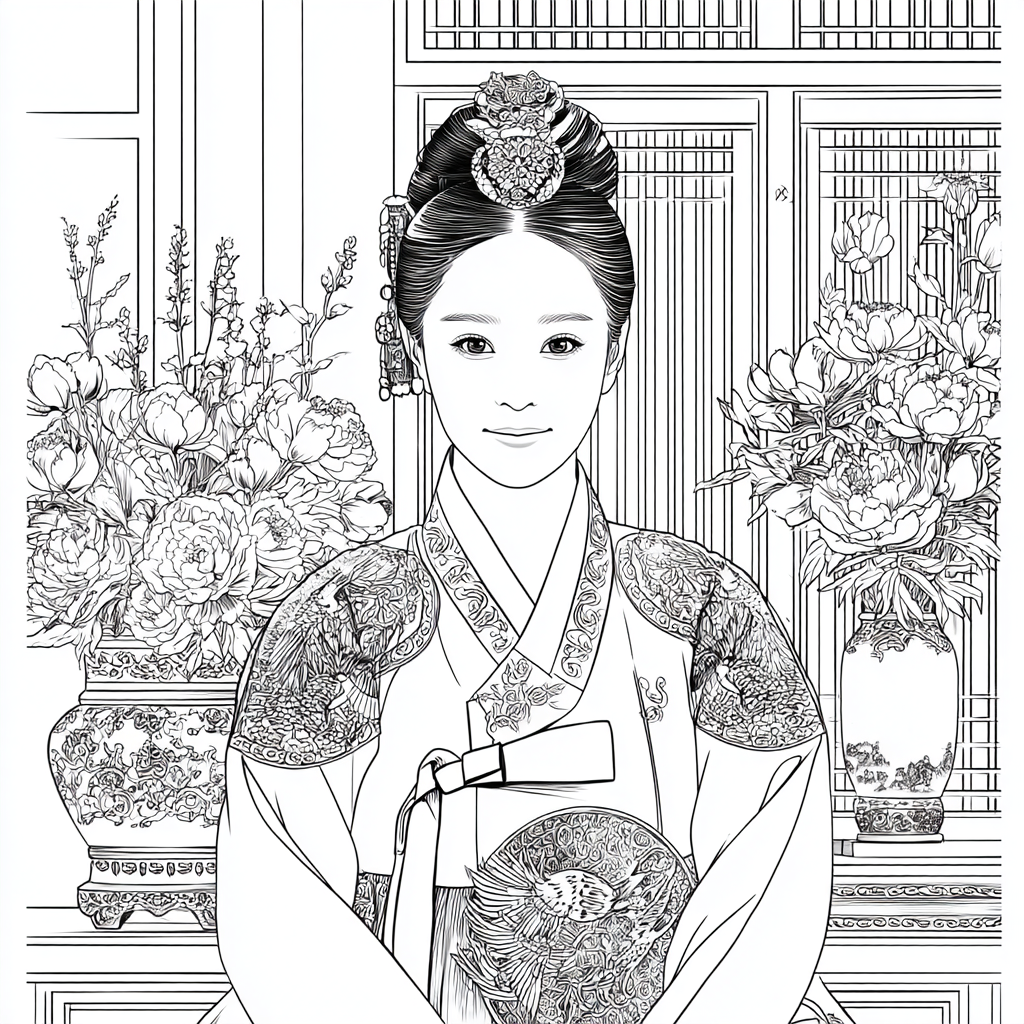 Graceful Joseon Hanbok Portrait with Pink Peonies