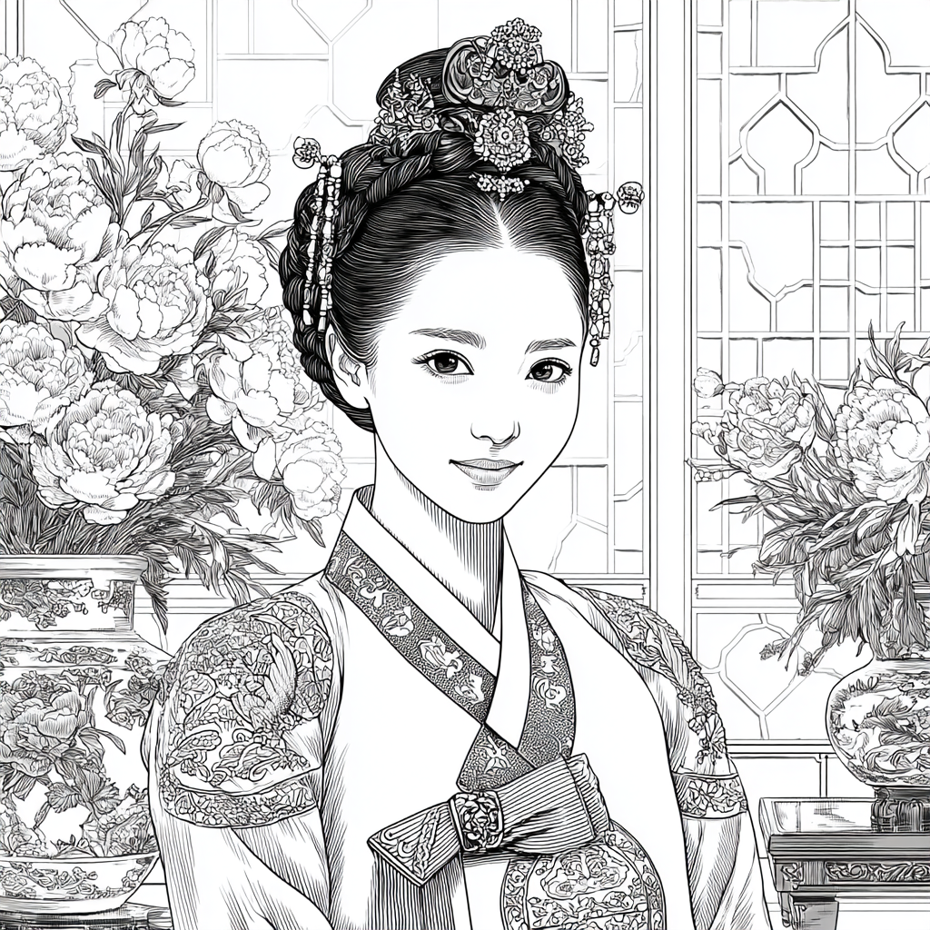 Graceful Joseon Hanbok Portrait with Pink Peonies