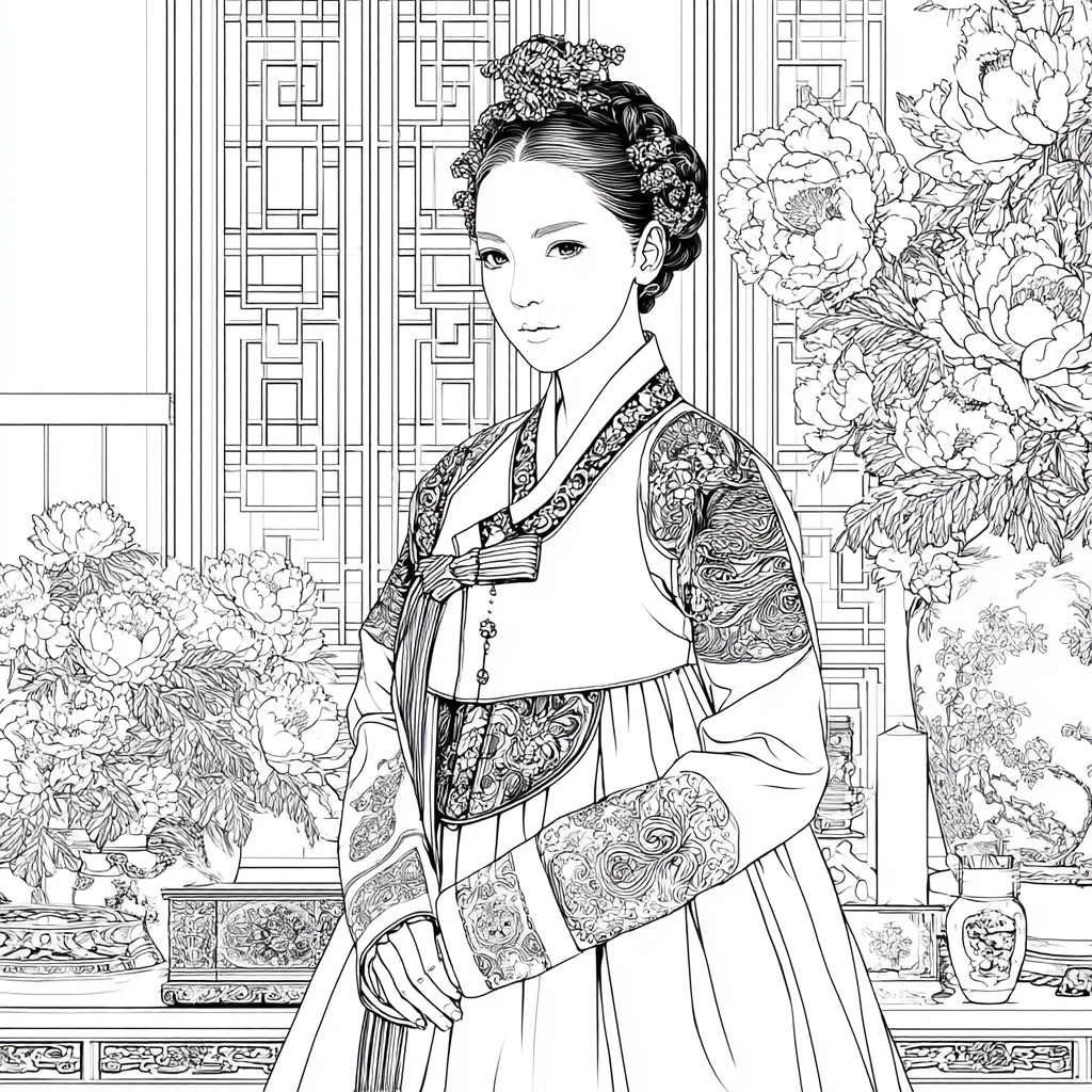 Graceful Joseon Hanbok Portrait with Pink Peonies