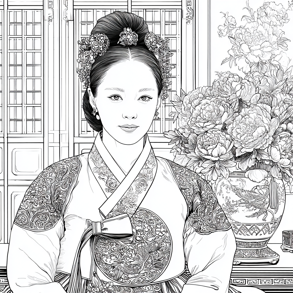 Graceful Joseon Hanbok Portrait with Pink Peonies