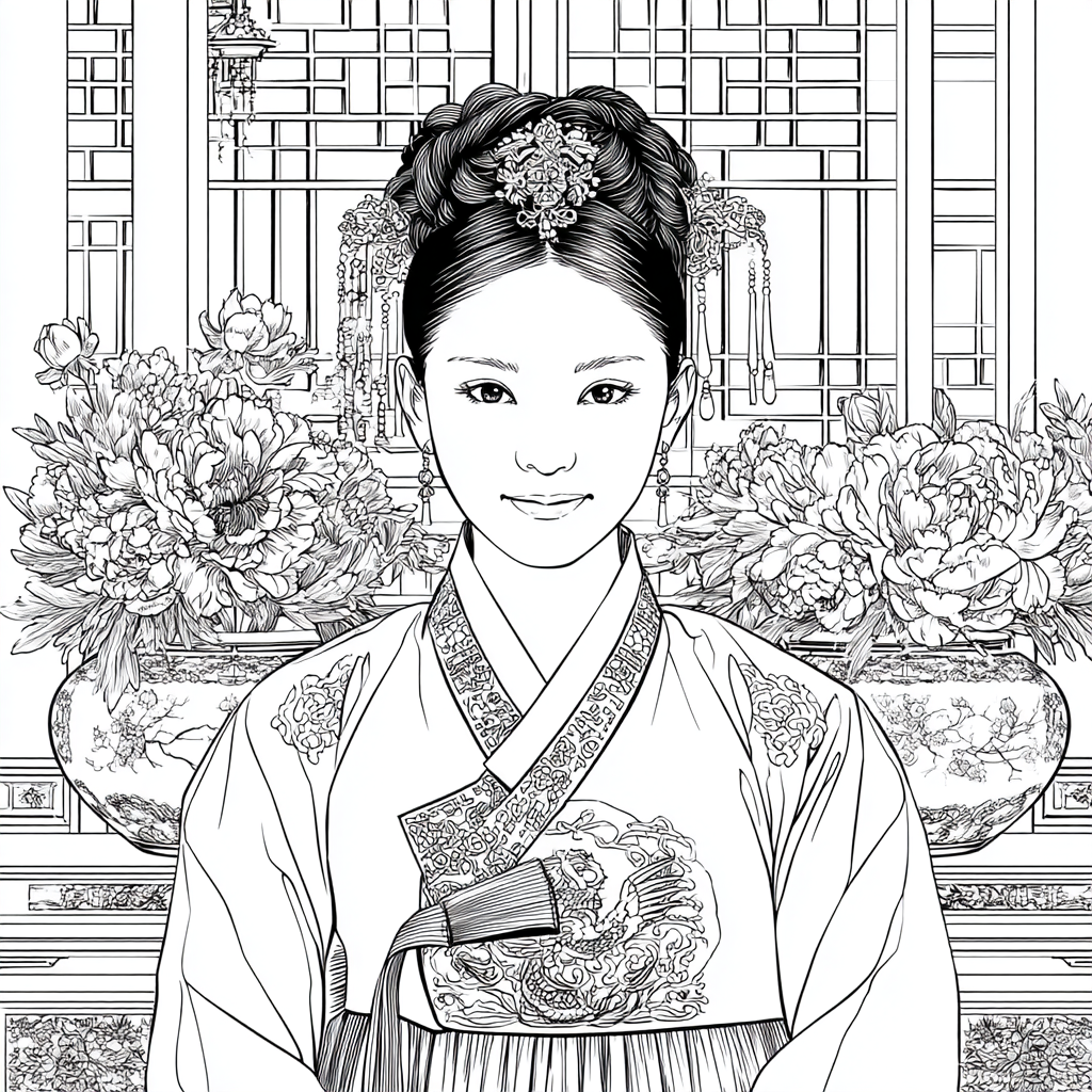 Graceful Joseon Hanbok Portrait with Pink Peonies